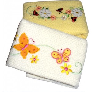 Set of Two Terry Kitchen Dish Towels - Flowers Butterfly and Ladybug - Yellow